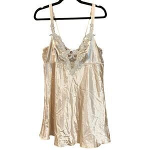 Flora Satin Chemise Slip Dress XL Champagne Silver Lace Sheer Mesh Back